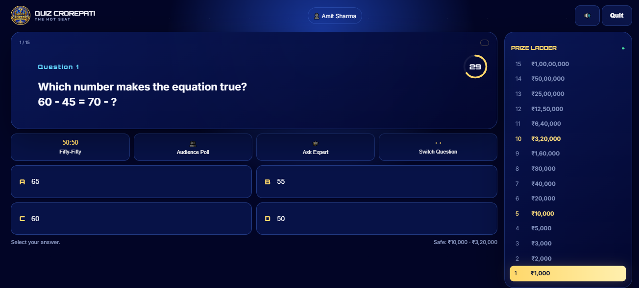 Quiz Crorepati question screen showing answer choices, lifelines and the game ladder